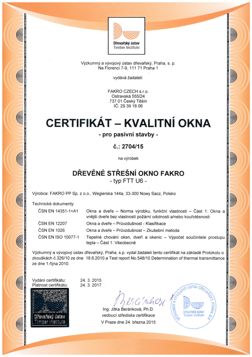 Certifikát Kvalitní okna pro pasivní stavby